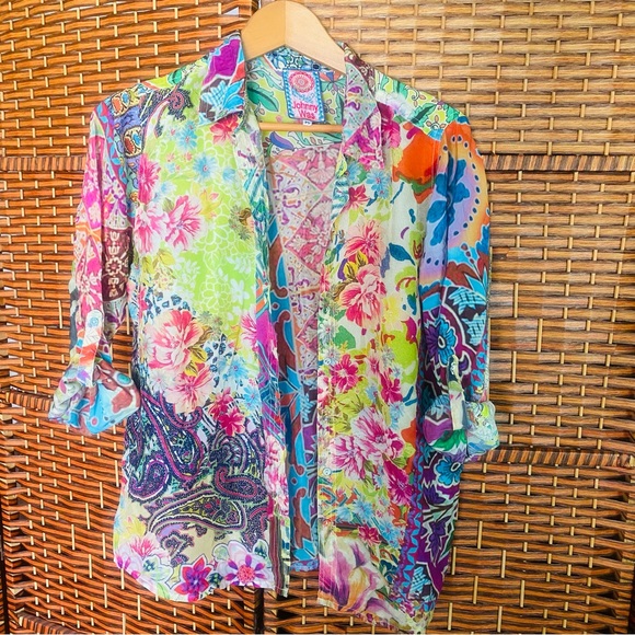 Johnny Was Tops - Johnny Was Floral Print Patchwork Cupra Rayon Tunic Blouse